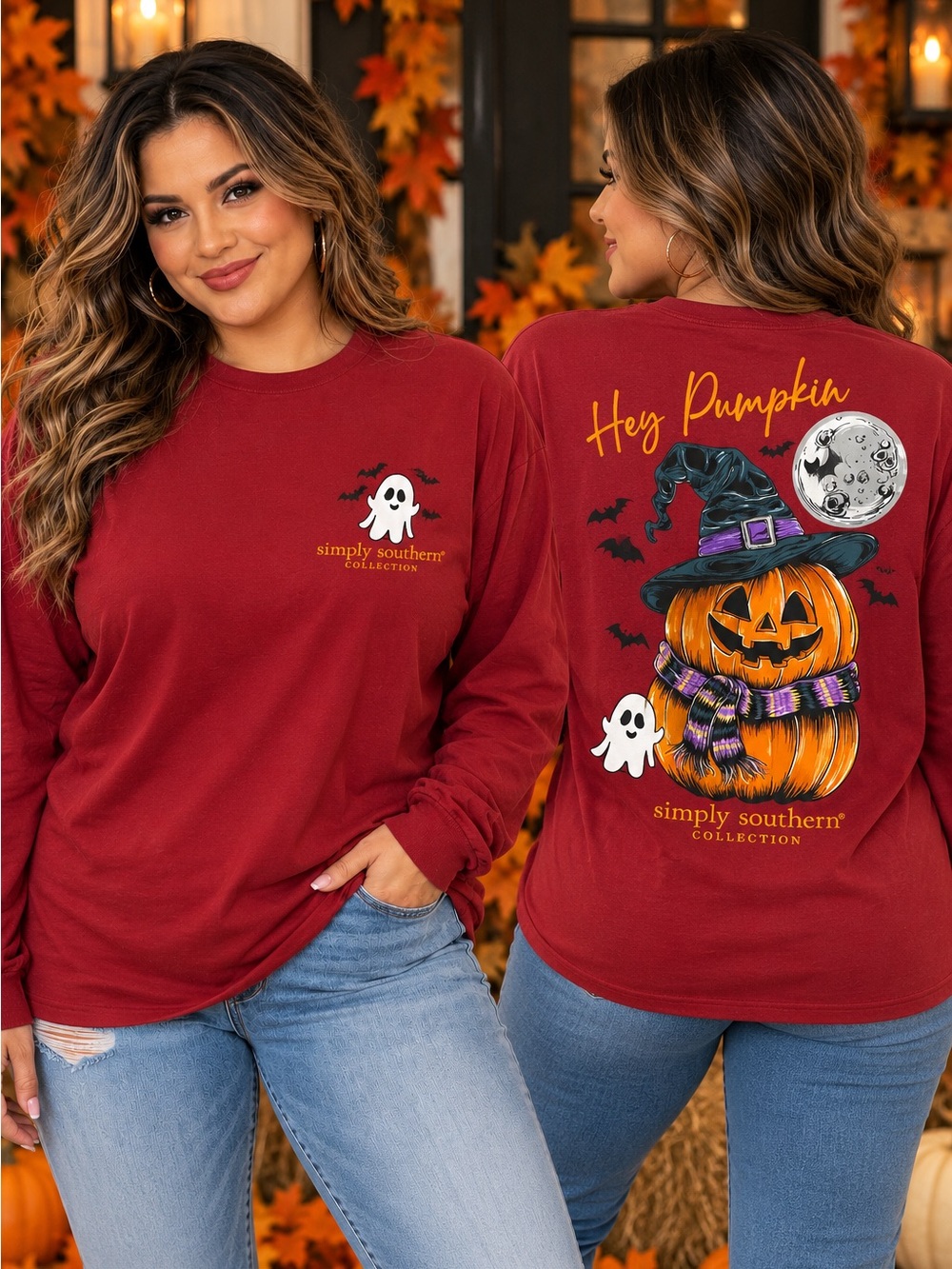 Simply Southern Red Hey Pumpkin Jack-O'-Lantern Graphic Long Sleeve Tee